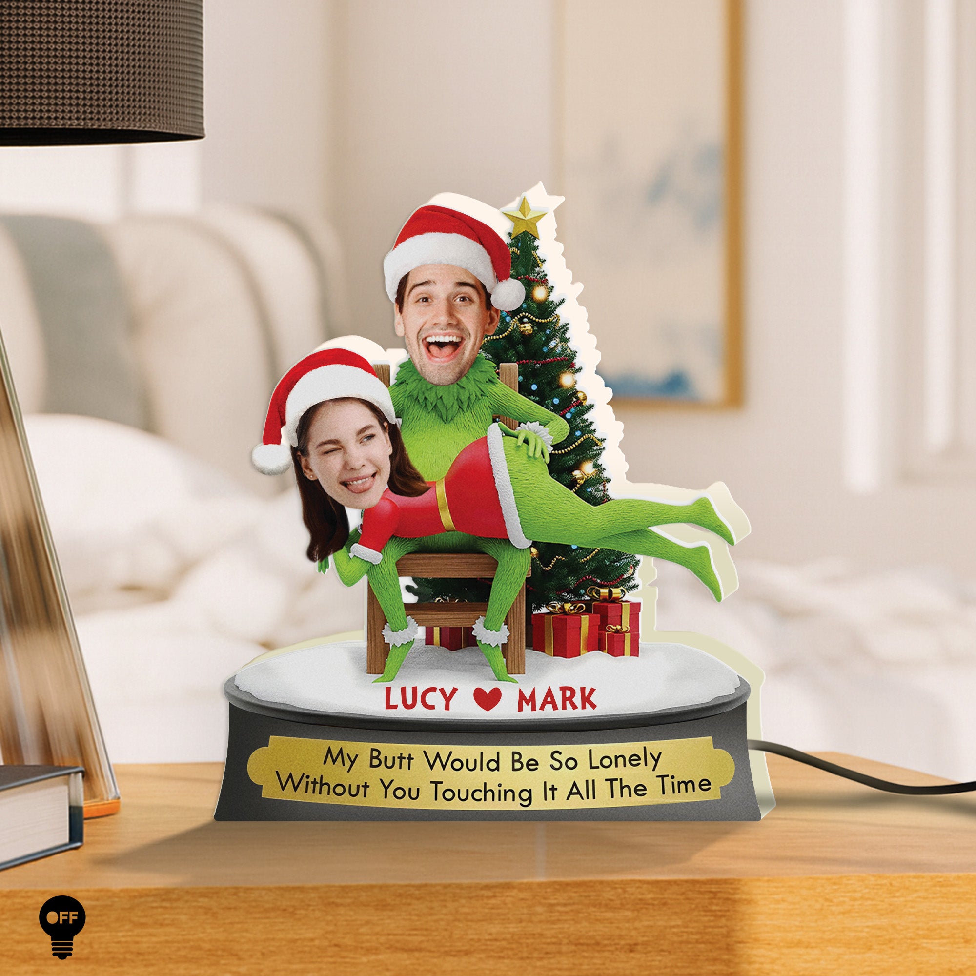 Personalized Grinch Christmas gift featuring couple's custom faces on a festive display