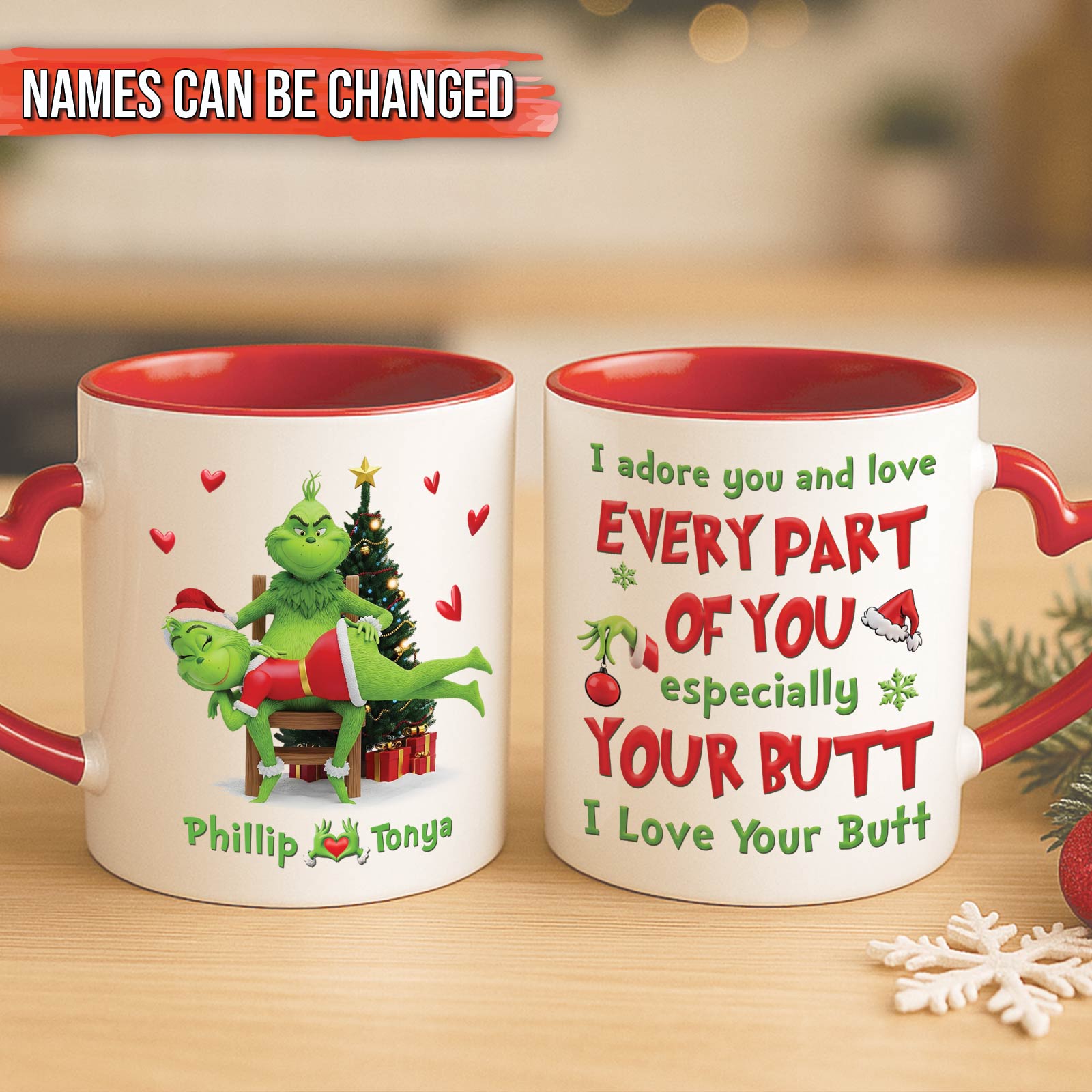 Personalized Grinch Christmas mug featuring festive designs and customizable names for holiday cheer