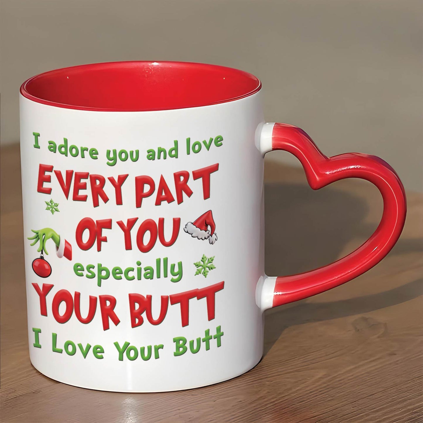 Personalized Grinch Christmas mug with festive text and heart-shaped handle, perfect for holiday gifting