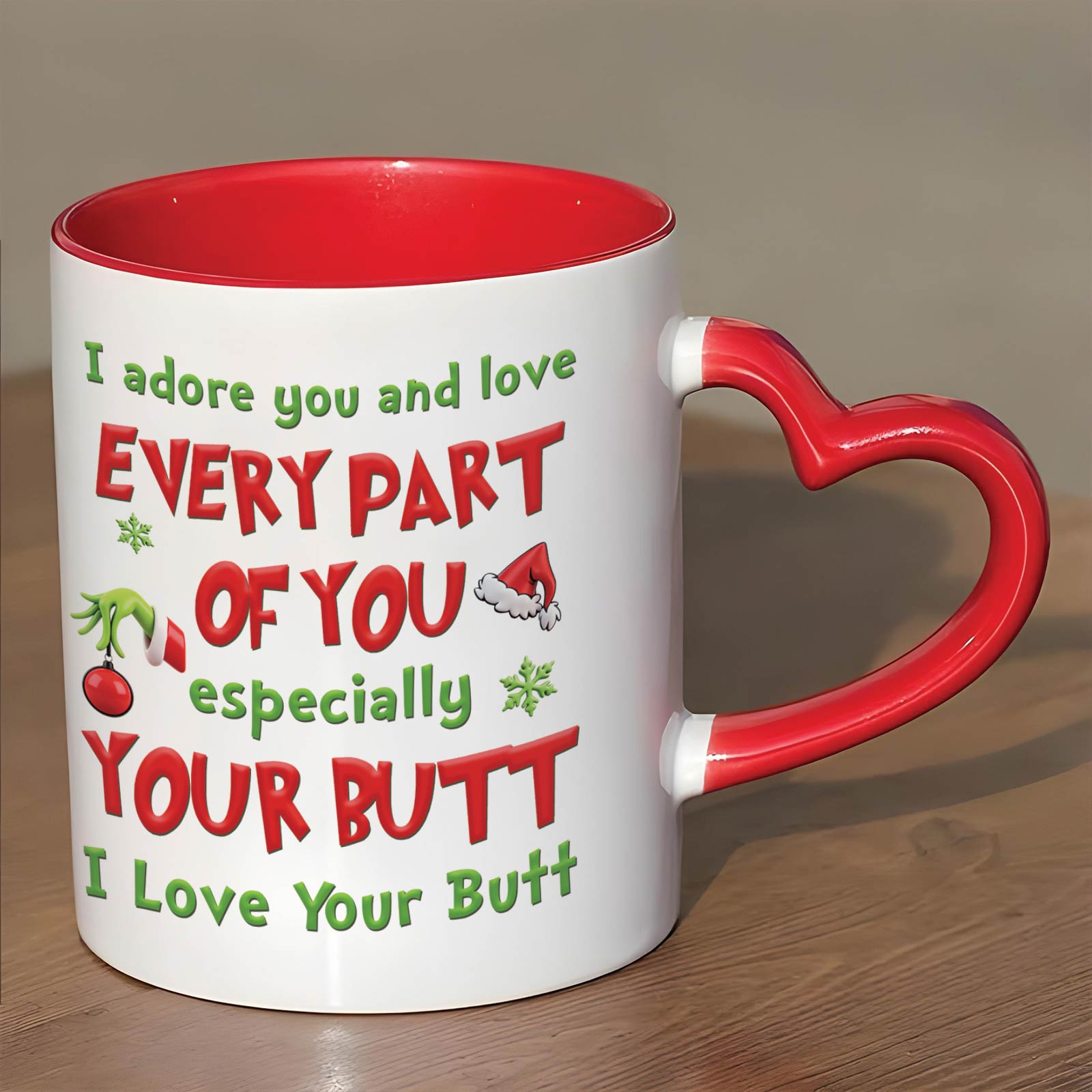 Personalized Grinch Christmas mug with festive text and heart-shaped handle, perfect for holiday gifting
