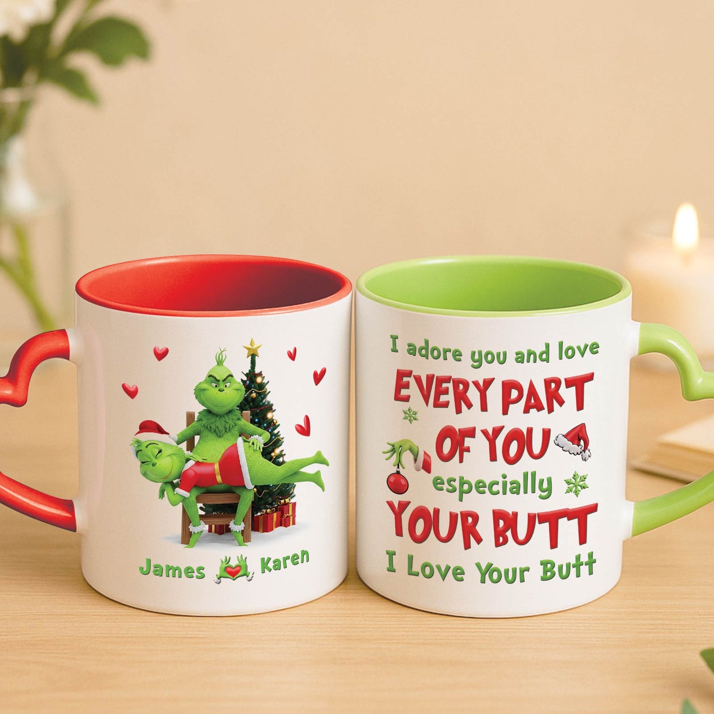 Personalized Grinch Christmas mug featuring playful designs and custom names for festive gatherings