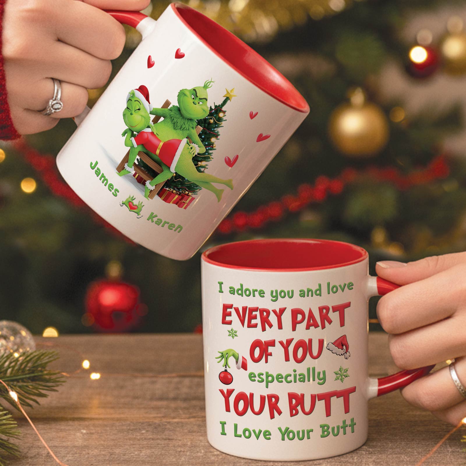 Personalized Grinch Christmas mug featuring festive designs and heartfelt messages for holiday celebrations
