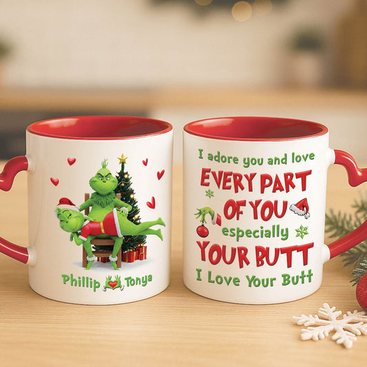 Personalized Grinch Christmas mug featuring playful text and festive design for holiday gifting