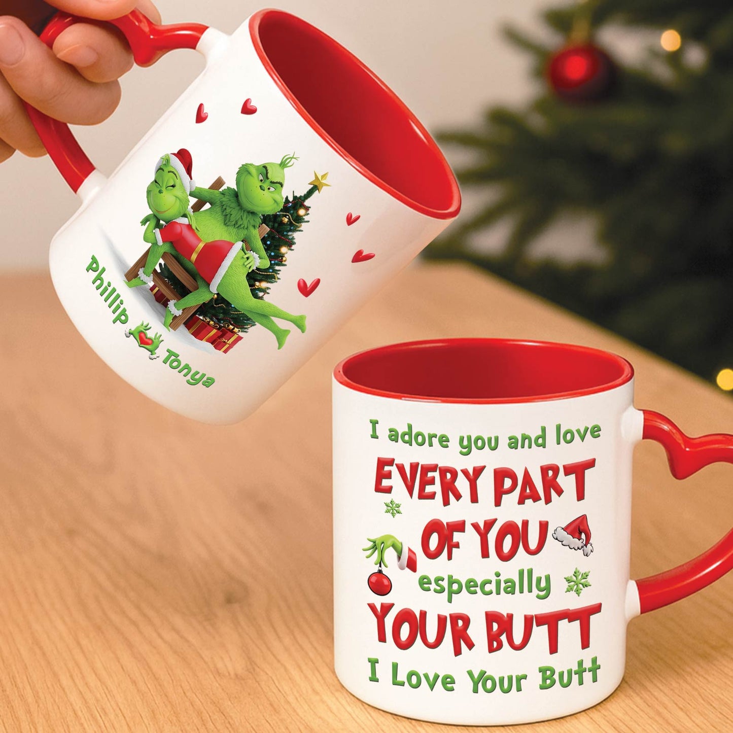 Personalized Grinch Christmas mug featuring festive designs and playful text for holiday cheer