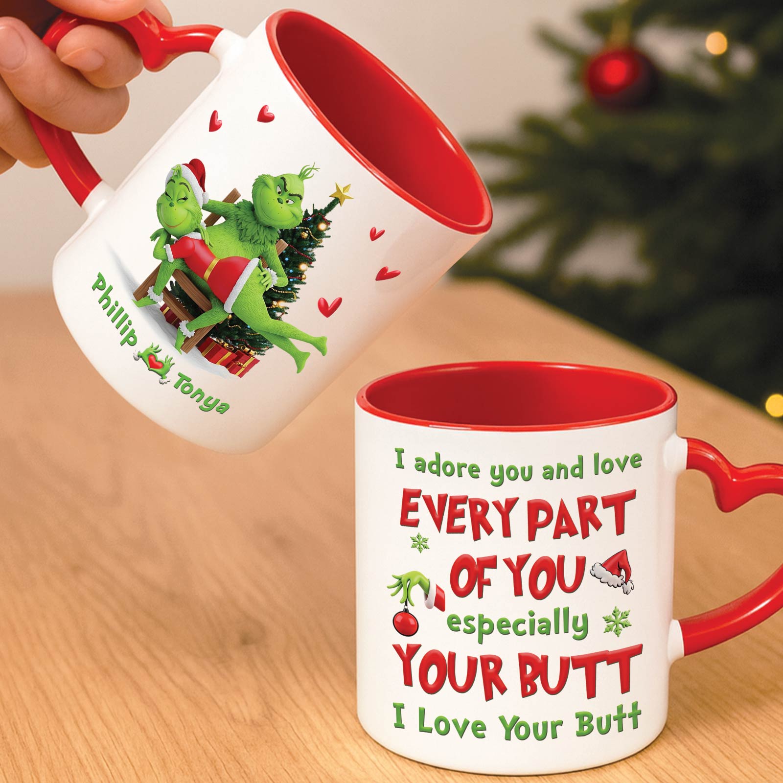 Personalized Grinch Christmas mug featuring festive designs and playful text for holiday cheer