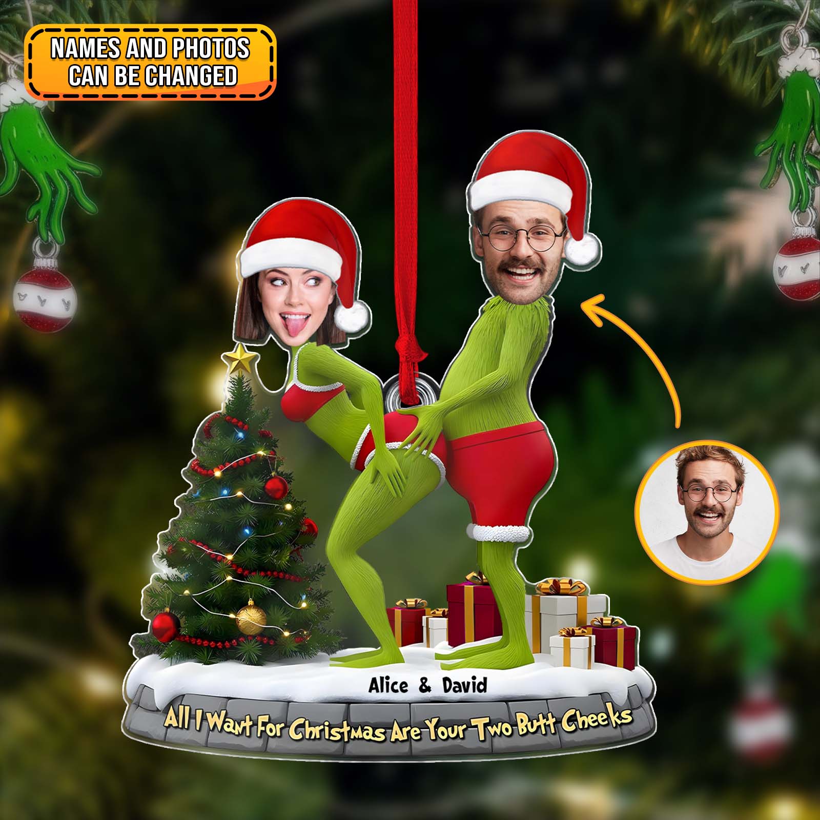 Personalized Grinch Christmas ornament featuring customizable names and photos for a fun holiday gift