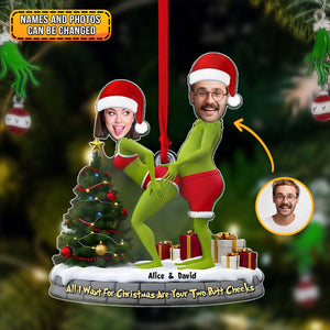 Personalized Grinch Christmas ornament featuring customizable names and photos for a fun holiday gift