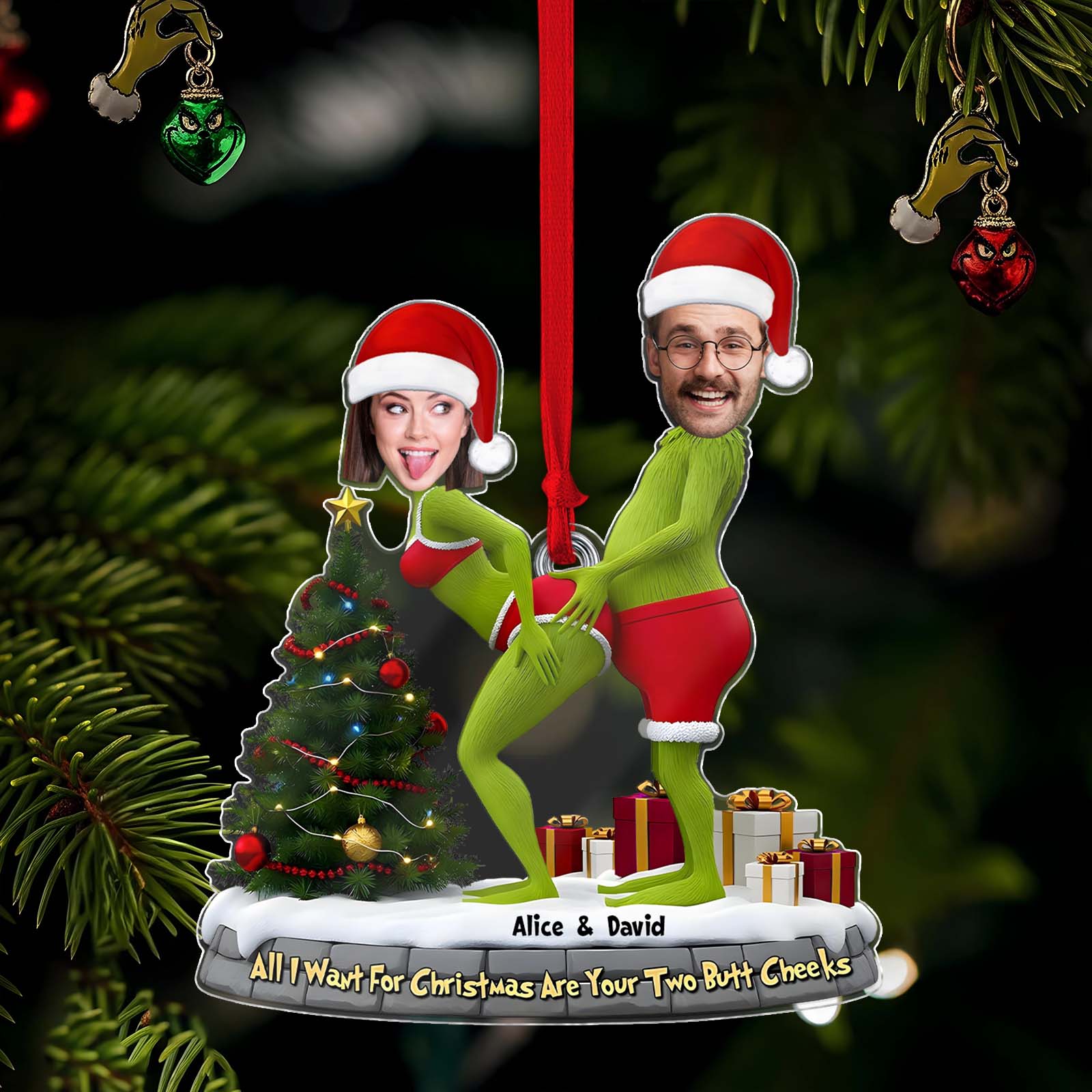 Personalized Grinch Christmas ornament featuring custom faces and festive decorations for holiday cheer