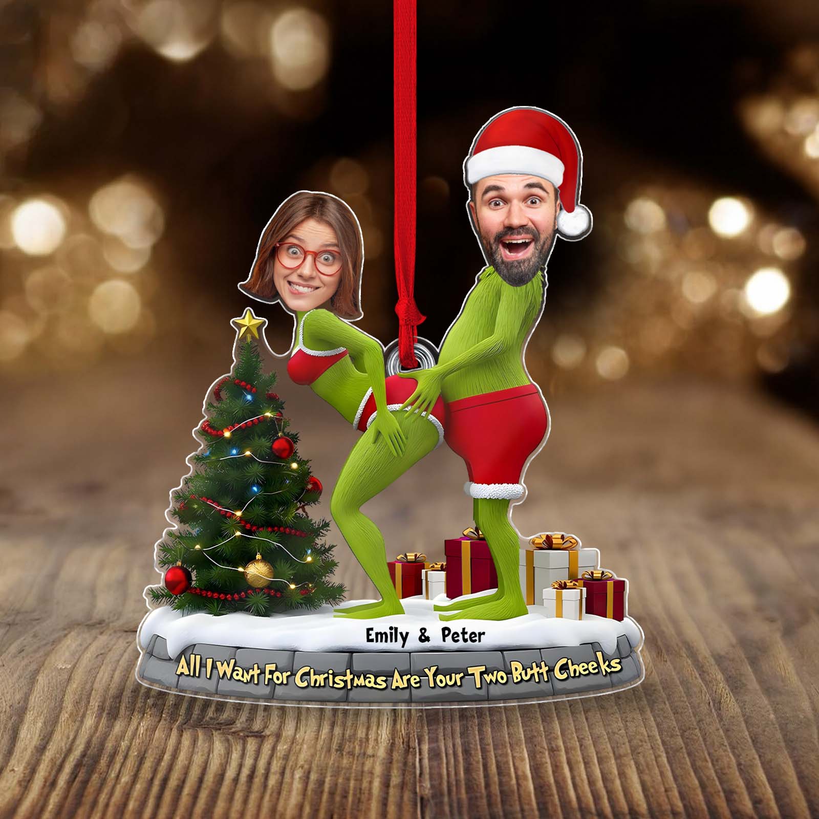 Personalized Grinch Christmas ornament featuring custom photos and funny text for a festive touch