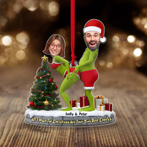 Personalized Grinch Christmas ornament featuring custom photos and funny text for a festive touch