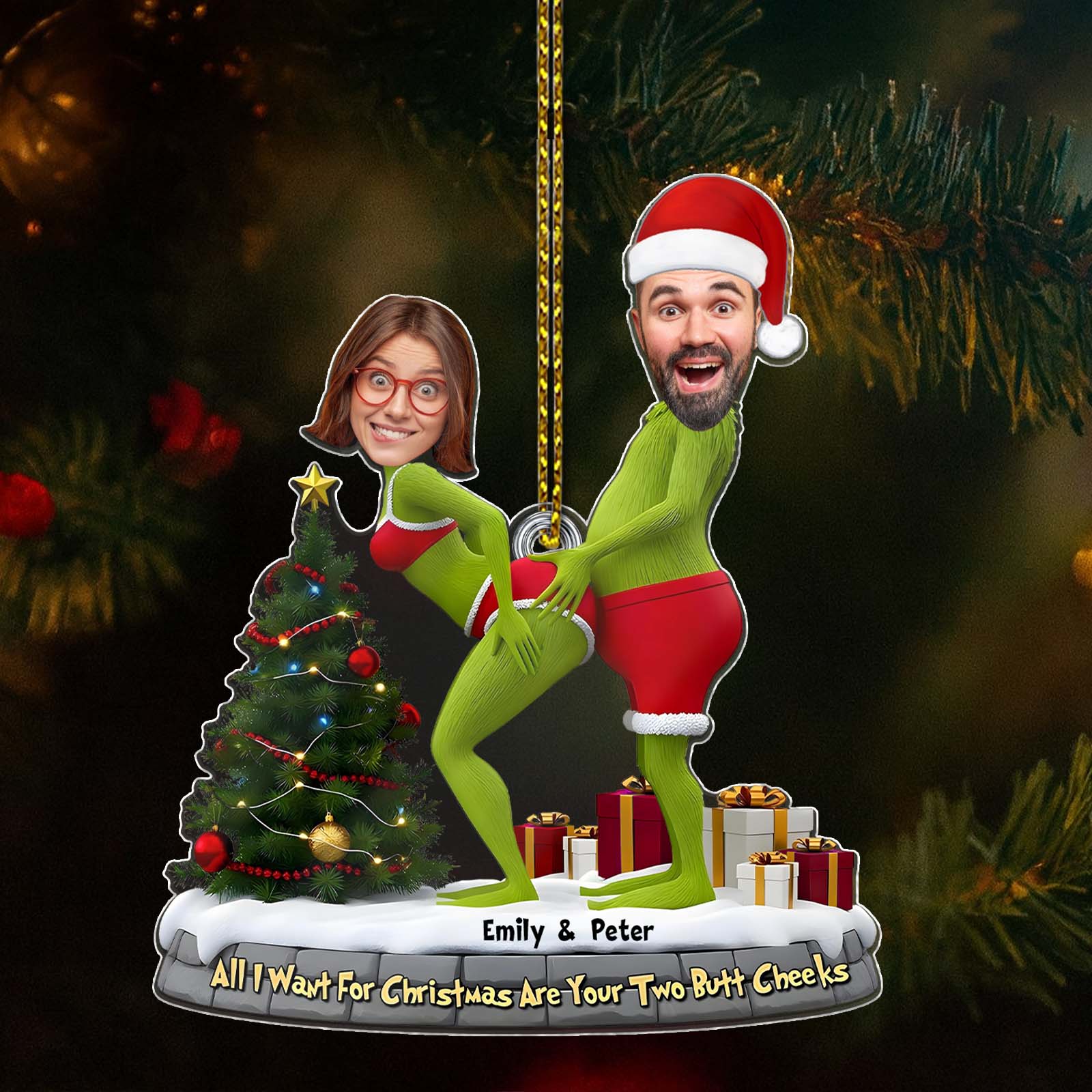 Personalized Grinch Christmas ornament featuring a fun couple design and festive decorations