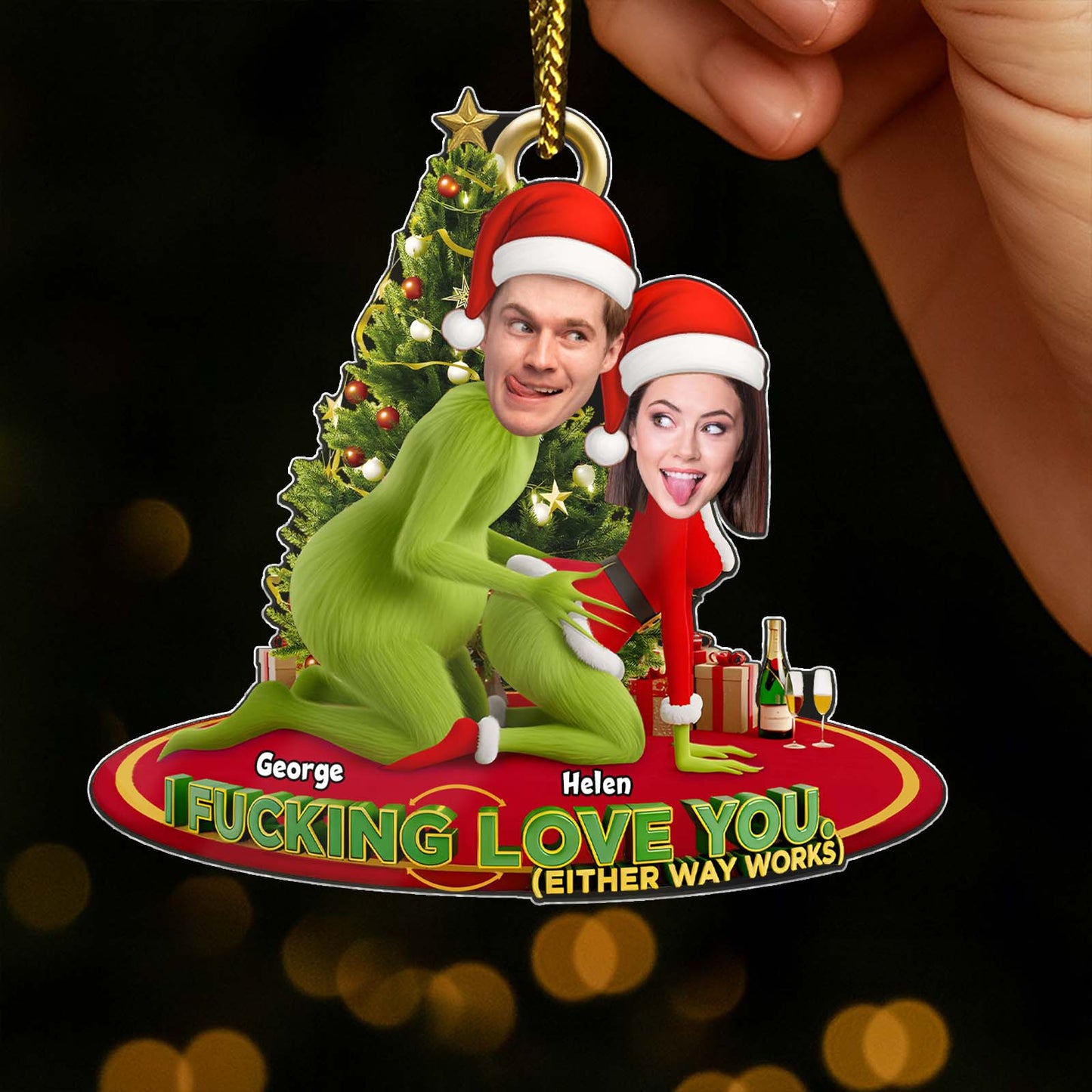 Personalized Grinch Christmas ornament featuring custom characters and festive design for holiday cheer