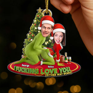 Personalized Grinch Christmas ornament featuring custom characters and festive design for holiday cheer