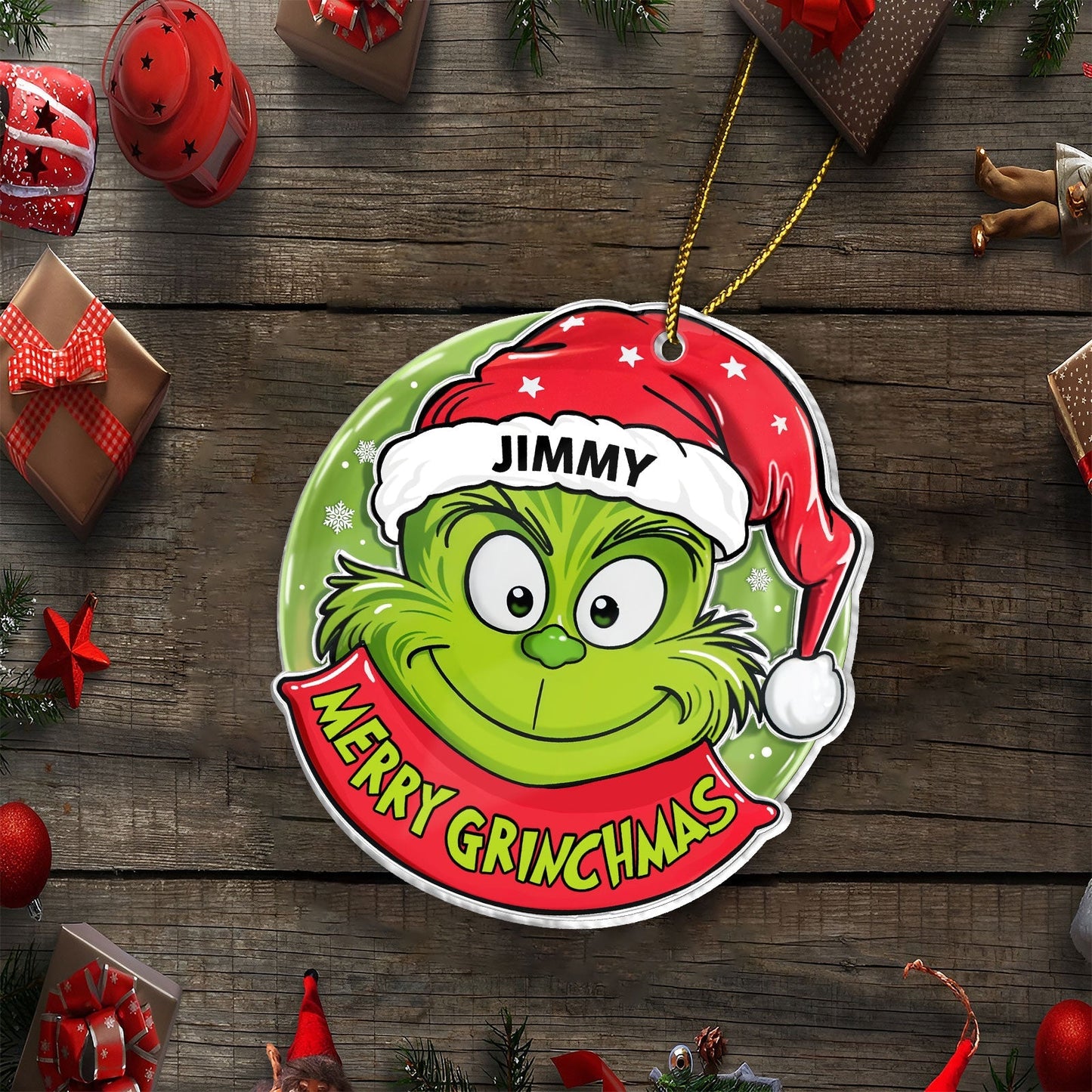 Personalized Grinch Christmas ornament with name Jimmy and Merry Grinchmas text on wooden background