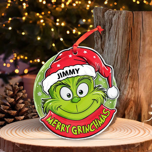 Personalized Grinch Christmas ornament with green Grinch face wearing red Santa hat labeled Jimmy