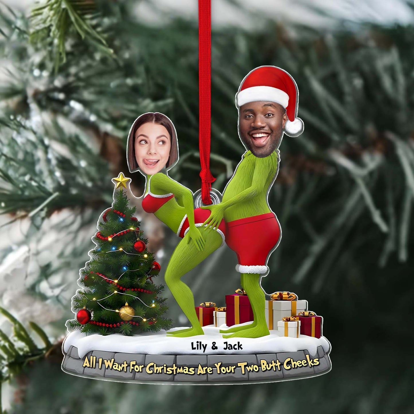 Personalized Grinch Christmas ornament featuring a couple with a playful message and festive colors
