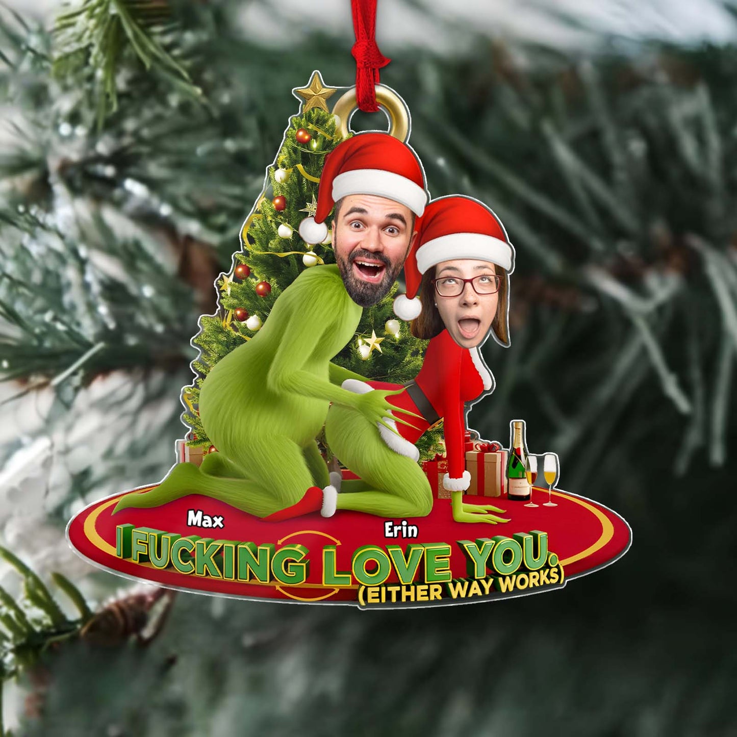 Personalized Grinch Christmas ornament featuring two cheerful characters in festive attire