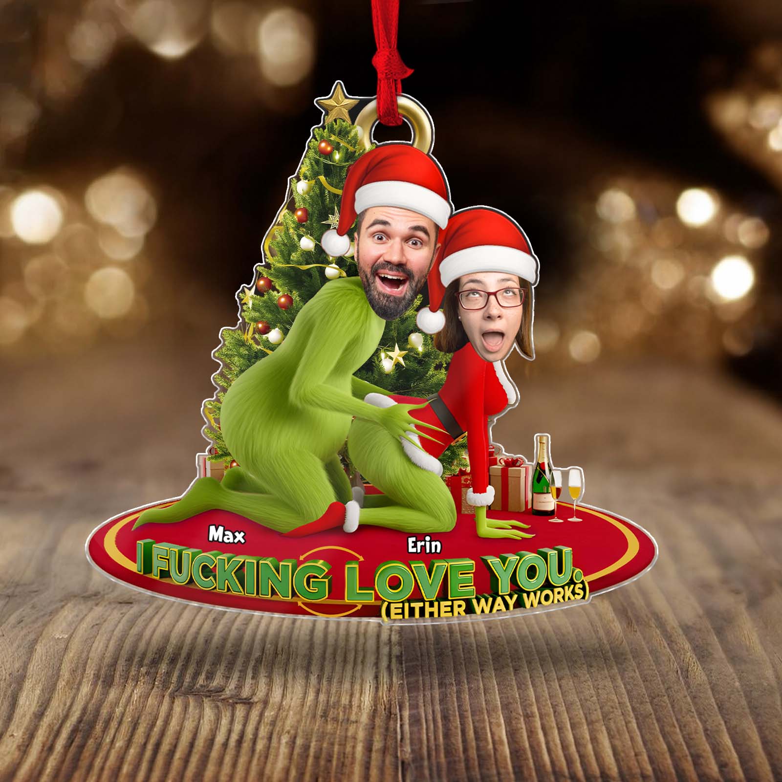 Personalized Grinch Christmas ornament featuring custom faces and festive decorations for holiday cheer