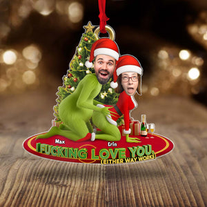 Personalized Grinch Christmas ornament featuring custom faces and festive decorations for holiday cheer