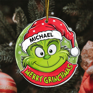 Personalized Grinch Christmas ornament with green Grinch wearing a red Santa hat and Merry Grinchmas text