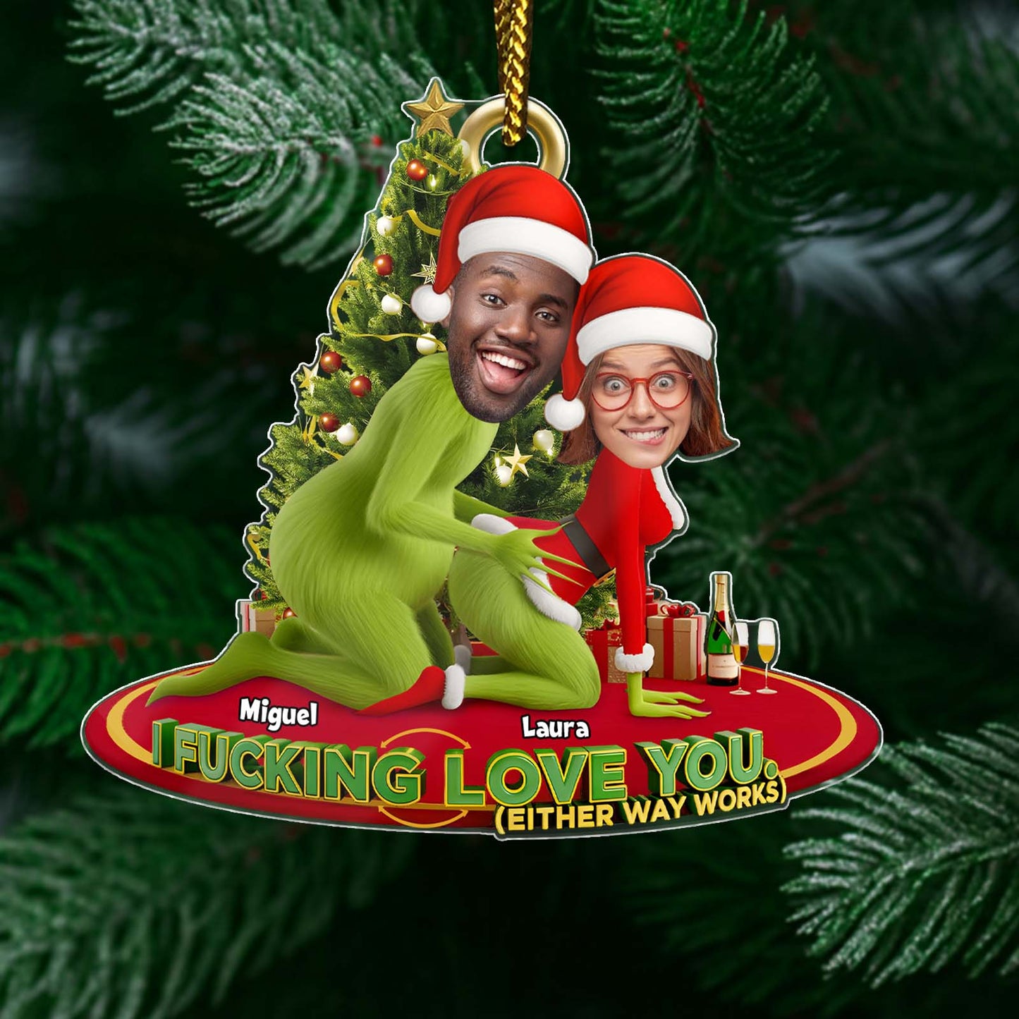 Personalized Grinch Christmas ornament featuring custom faces and festive design for a unique holiday gift