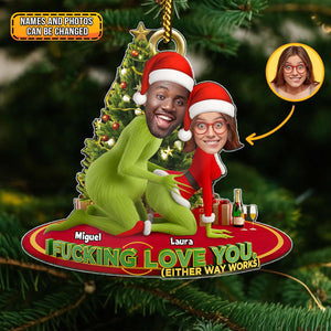 Personalized Grinch Christmas ornament featuring custom faces for a fun holiday theme