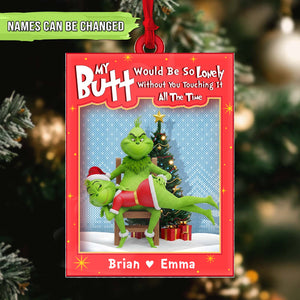 Personalized Grinch couple ornament featuring customizable names for holiday decorations