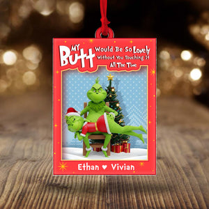 Personalized Grinch couple ornament featuring Ethan and Vivian by a Christmas tree