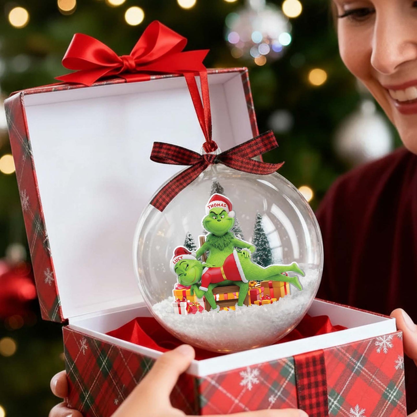 Personalized Grinch couple ornament in a festive box, depicting the Grinch and partner in holiday decor