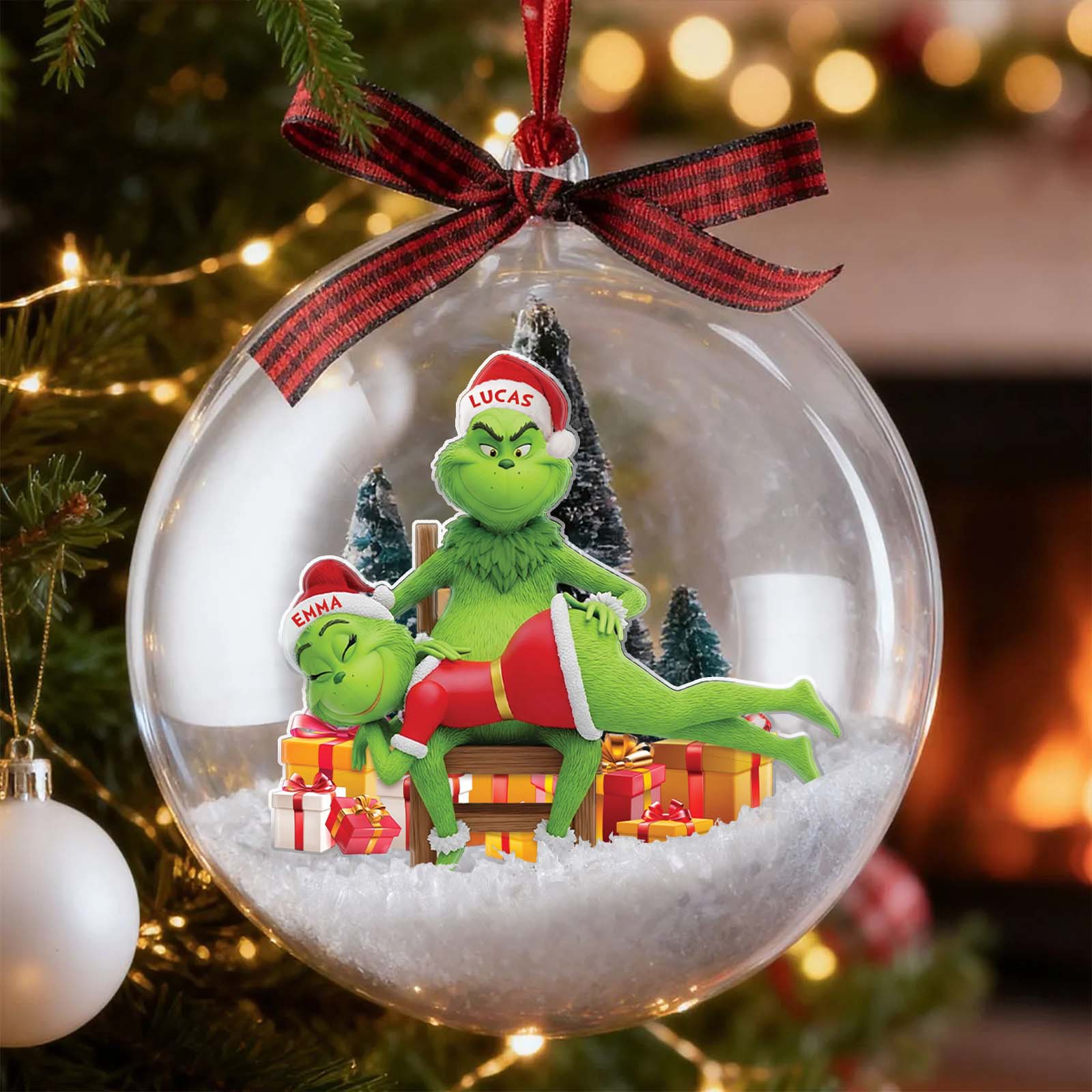 Personalized Grinch couple ornament with festive decorations and names on Santa hats