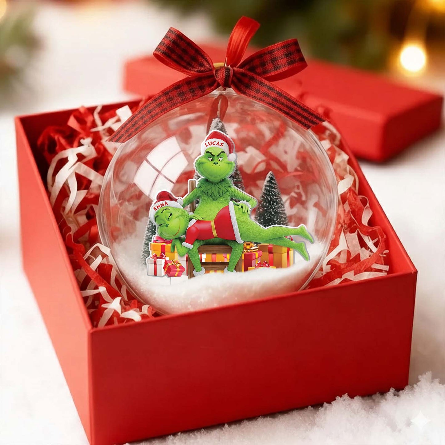 Personalized Grinch couple ornament in a clear ball gift box for holiday decoration