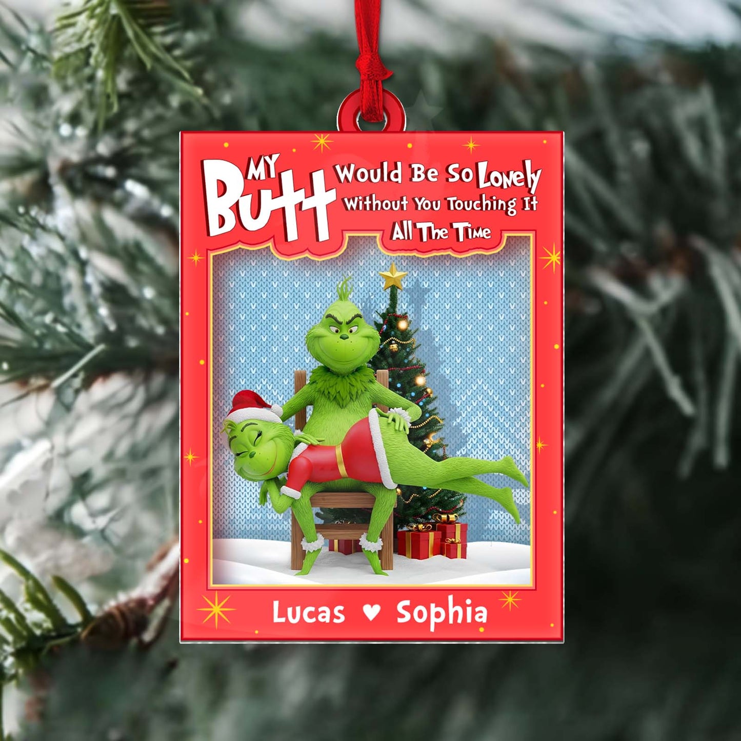 Personalized Grinch couple ornament featuring Grinch and his love with a festive background
