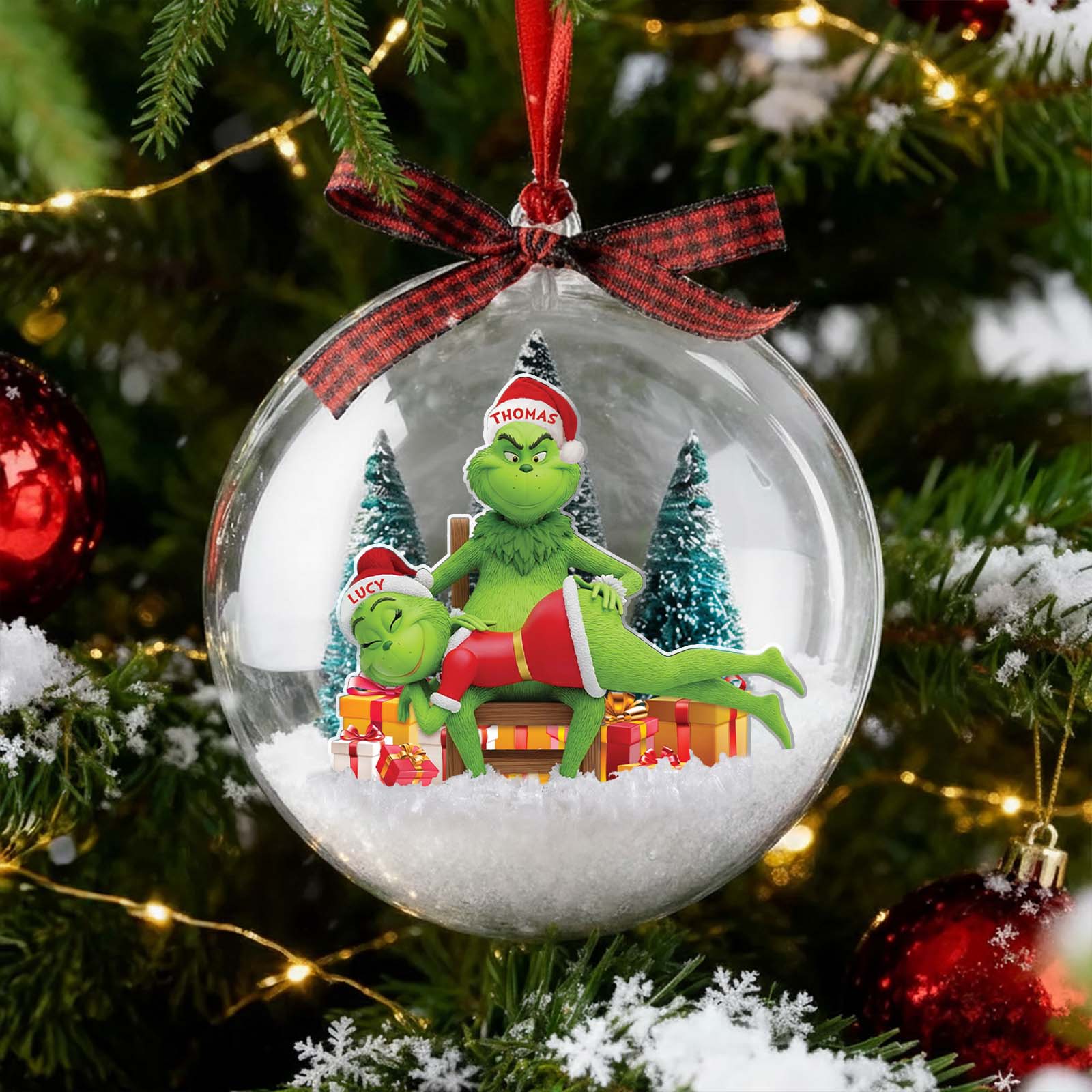 Personalized Grinch couple ornament featuring Lucy and Thomas with holiday decorations