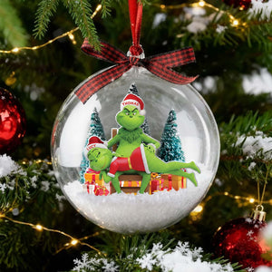 Personalized Grinch couple ornament featuring Lucy and Thomas with holiday decorations
