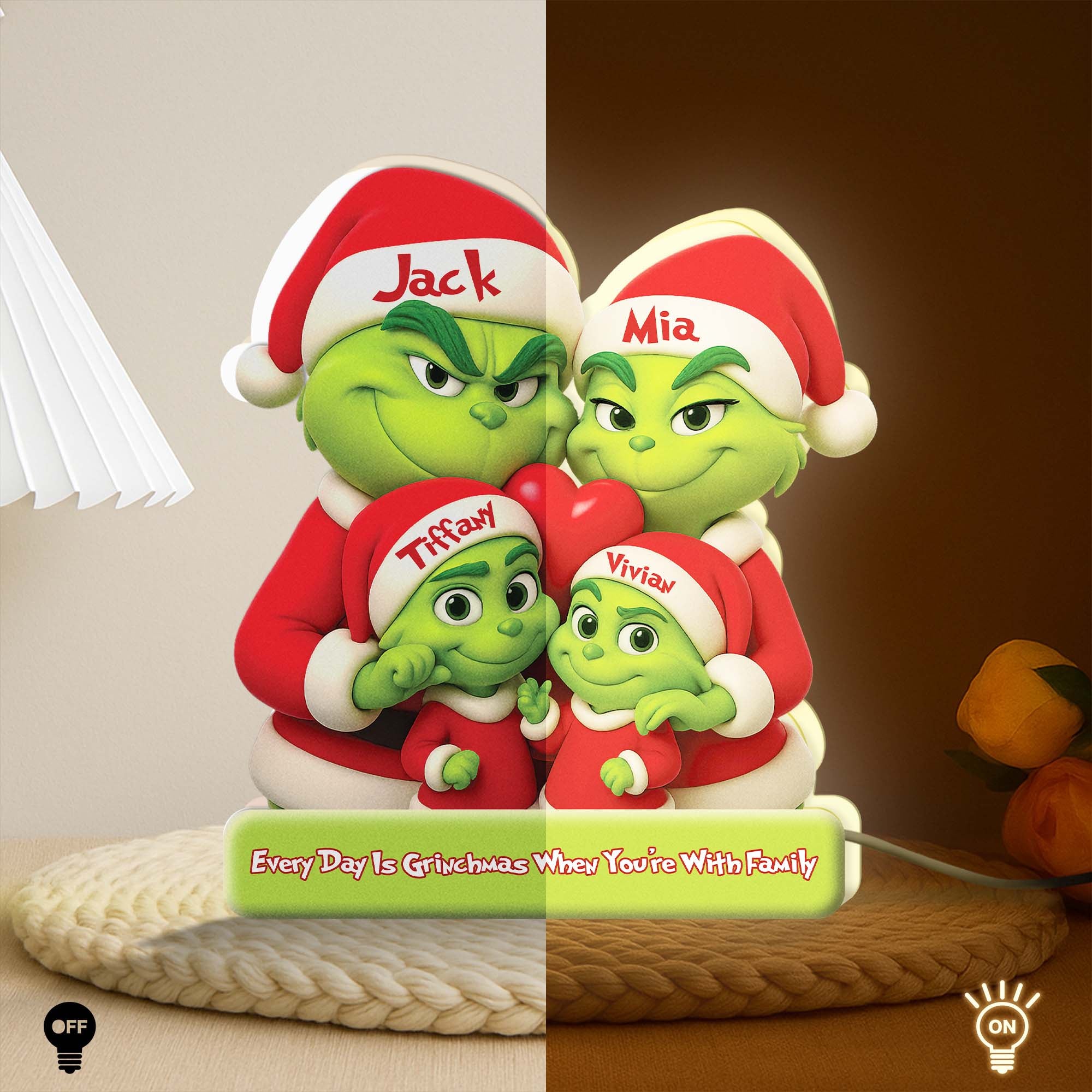 Personalized Grinch family light box featuring green Grinch characters wearing Santa hats for holiday decor