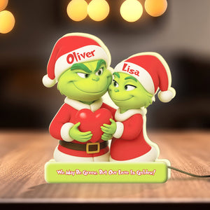 Personalized Grinch family light box featuring Oliver and Lisa with a heart decoration