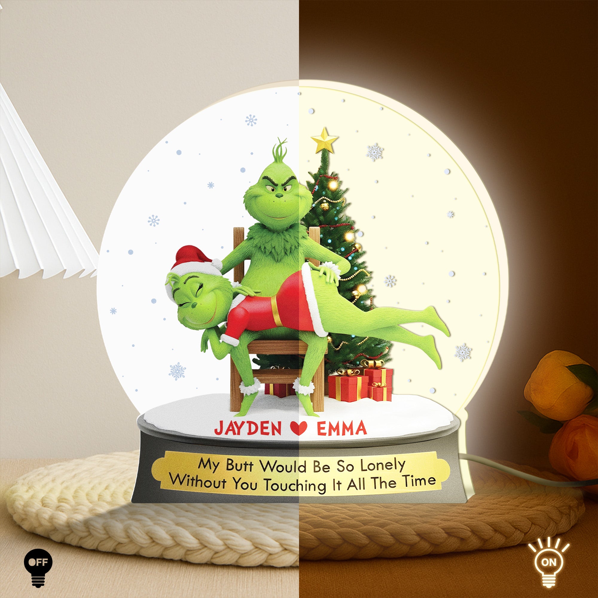 Personalized Grinch light box featuring festive design with customizable names for holiday cheer