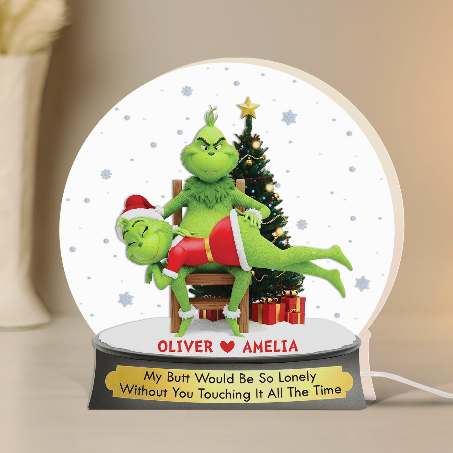 Personalized Grinch light box featuring Grinch and Cindy Lou with custom names for festive decor