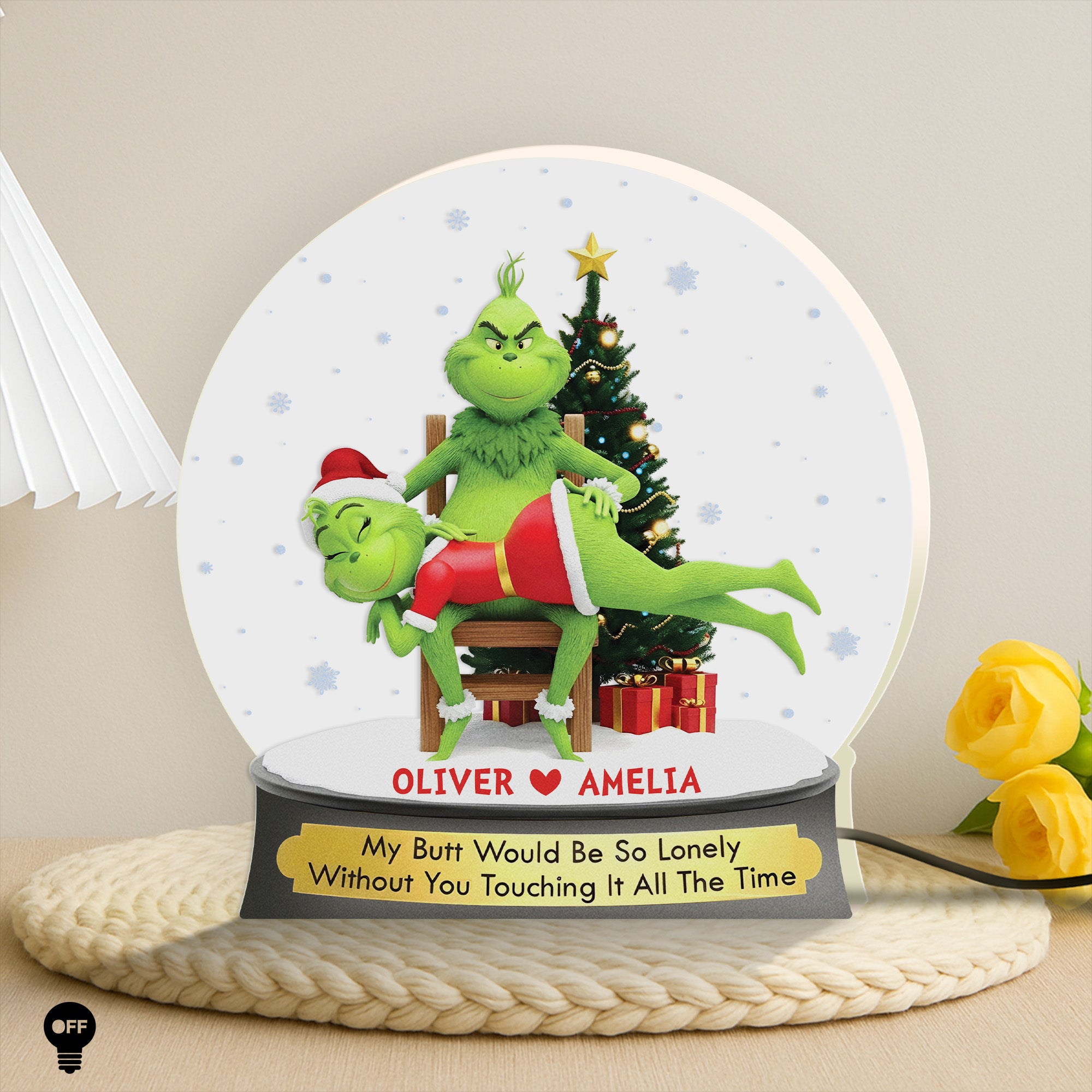 Personalized Grinch light box featuring the Grinch and Cindy Lou Who with customizable names
