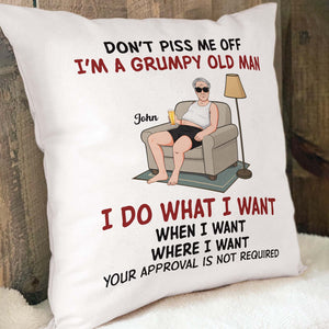 Personalized grumpy old man pillow with humorous text and cartoon design for gifts