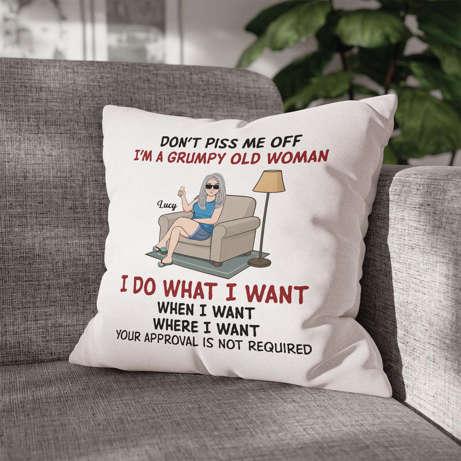 Personalized grumpy old man pillow with humorous quote and illustration for home decor