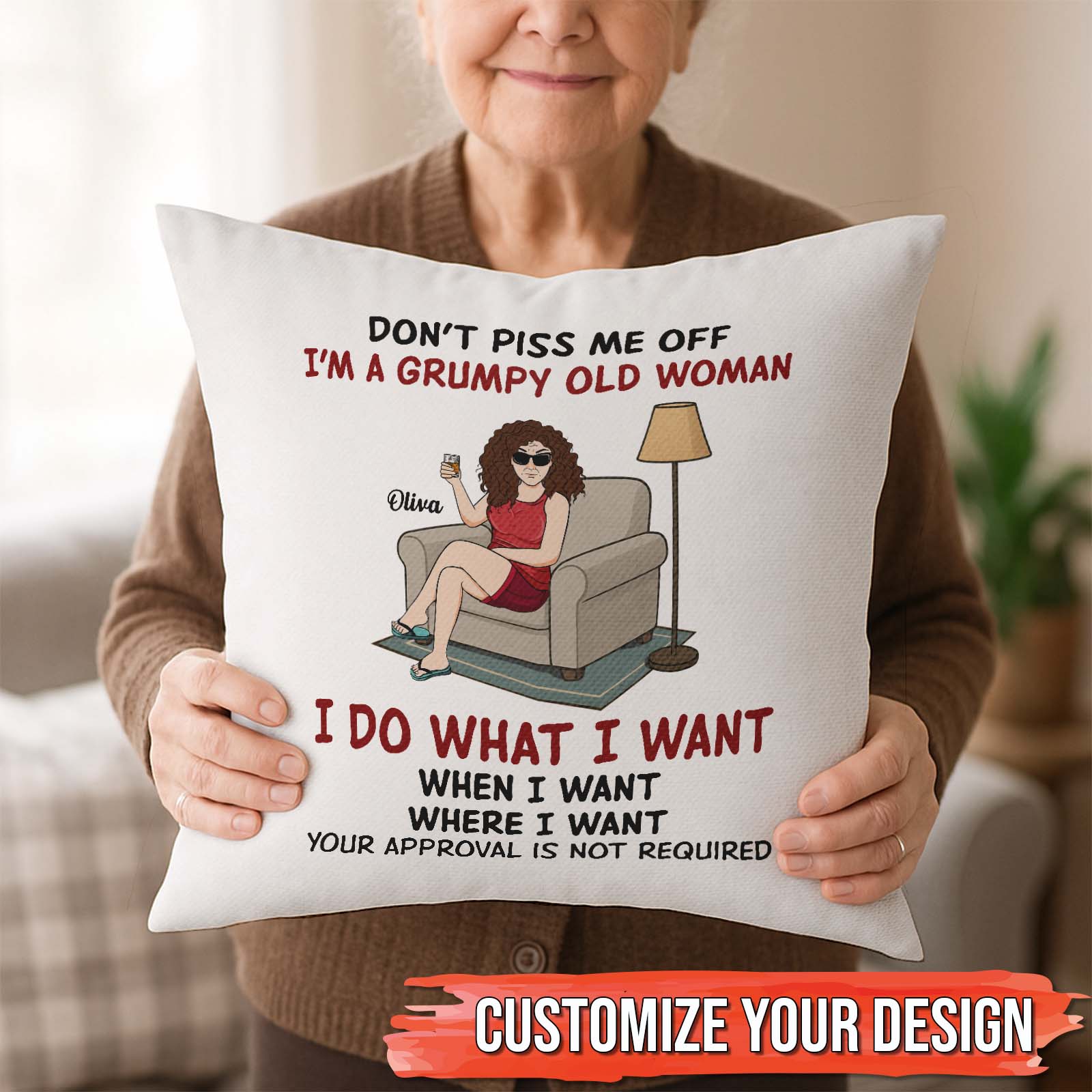 Personalized grumpy old man pillow featuring a humorous design with bold text and an illustration