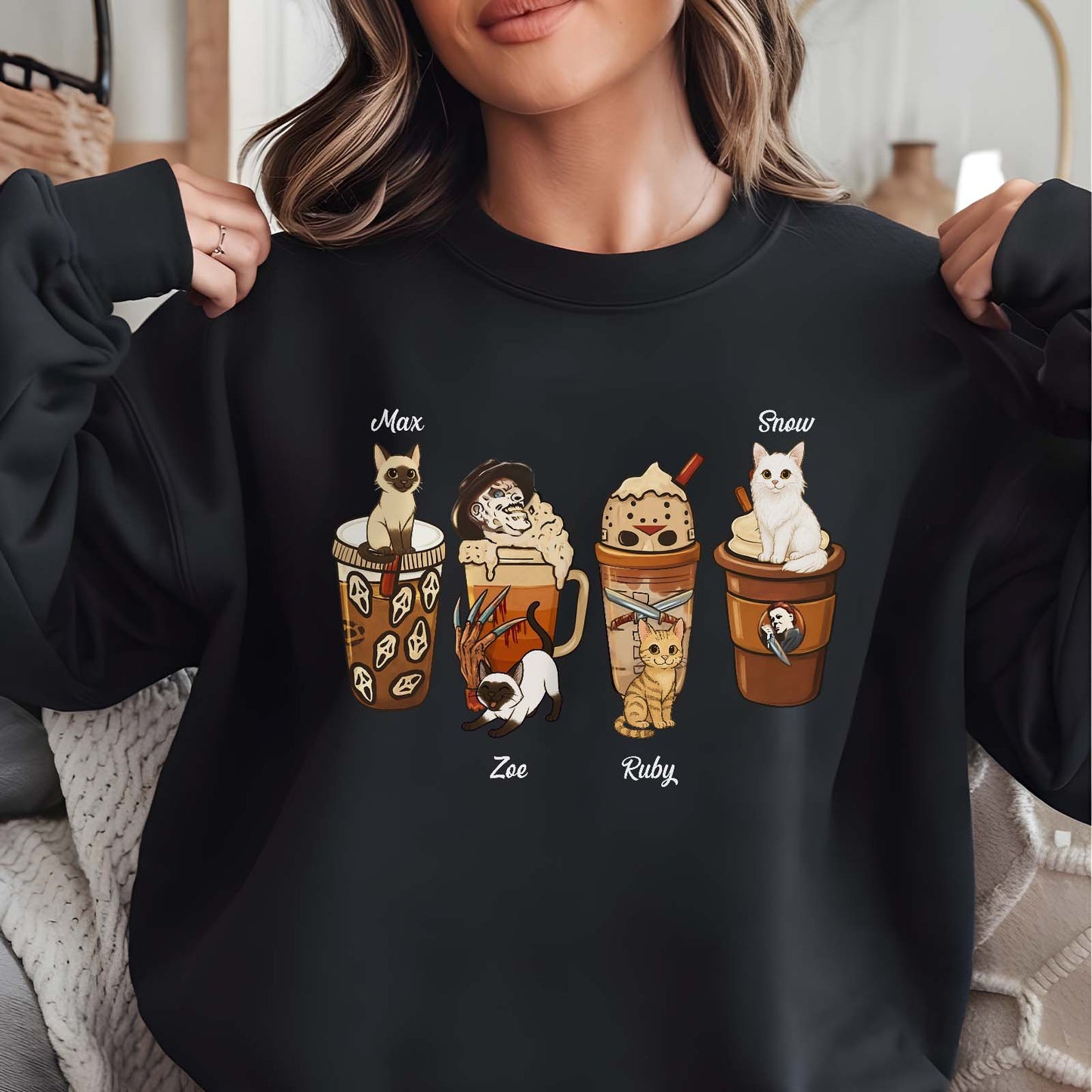 Black sweatshirt featuring personalized halloween cat shirt design with four cats named Max Zoe Ruby and Snow