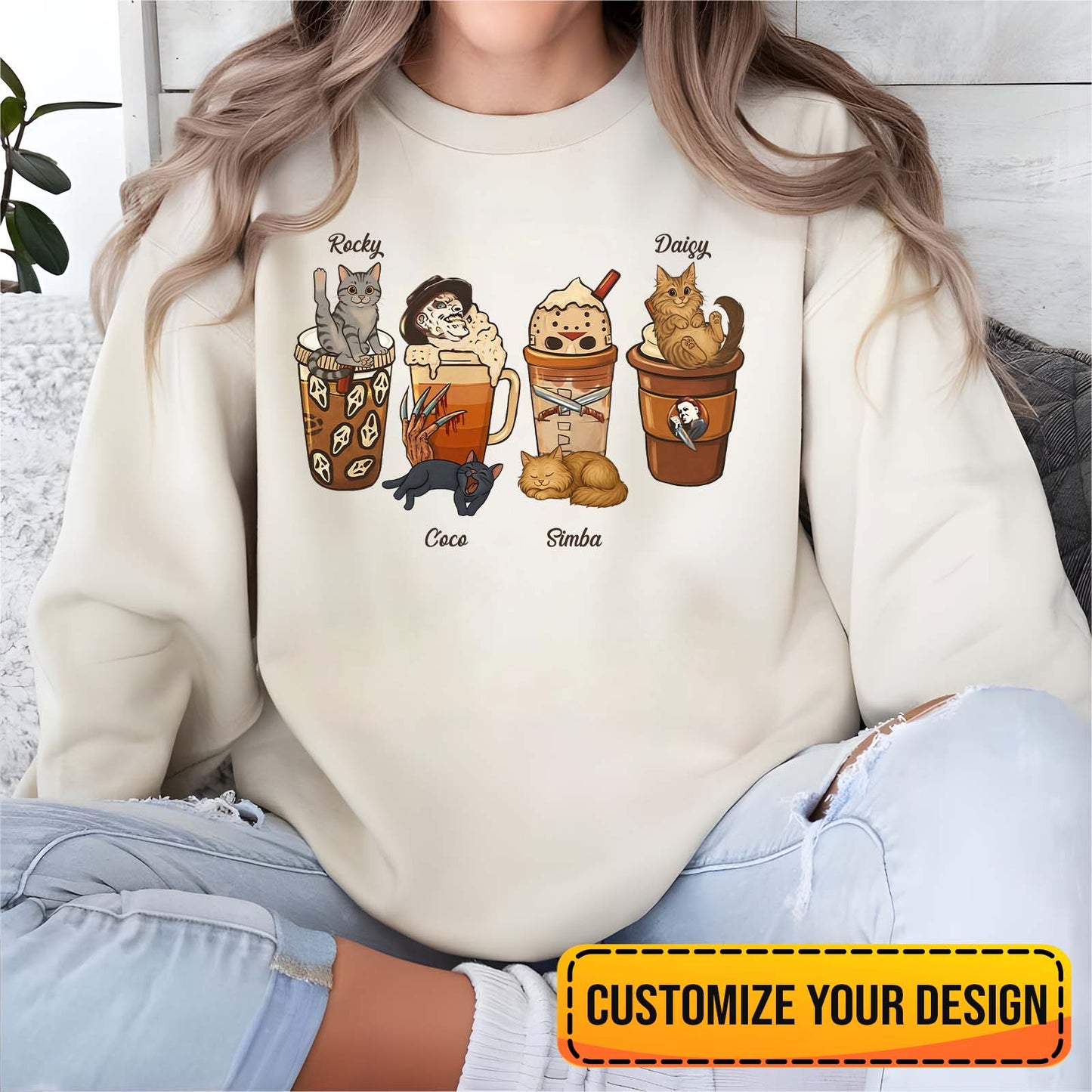 Cream personalized halloween cat shirt with four cartoon cats and spooky drink designs