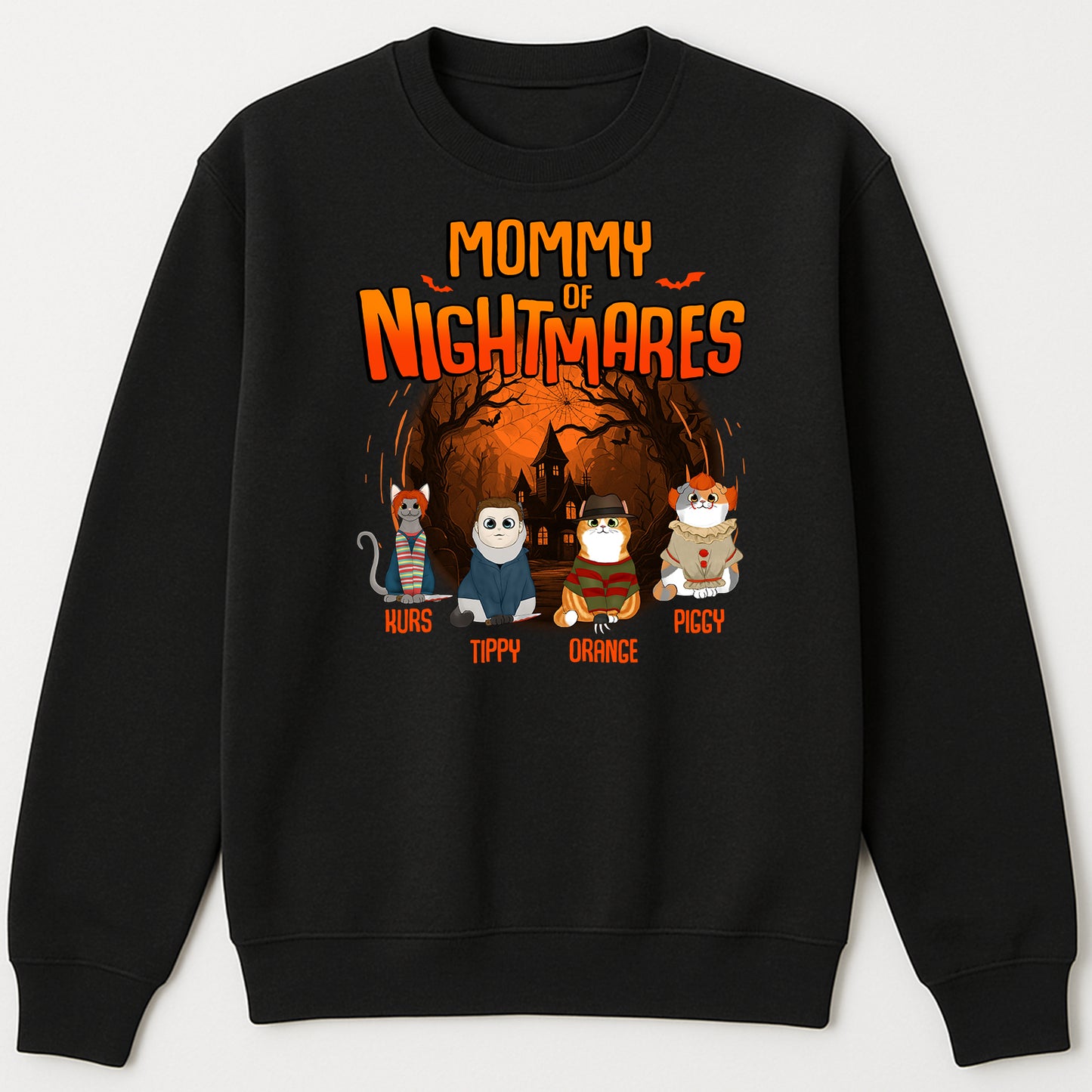 Personalized Halloween cat shirt featuring four cute cats with spooky graphics for festive celebrations
