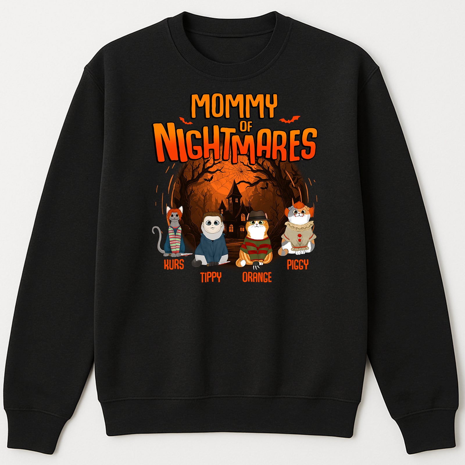 Personalized Halloween cat shirt featuring four cute cats with spooky graphics for festive celebrations