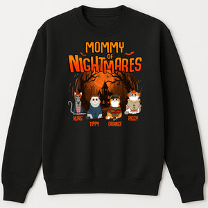Personalized Halloween cat shirt featuring four cute cats with spooky graphics for festive celebrations