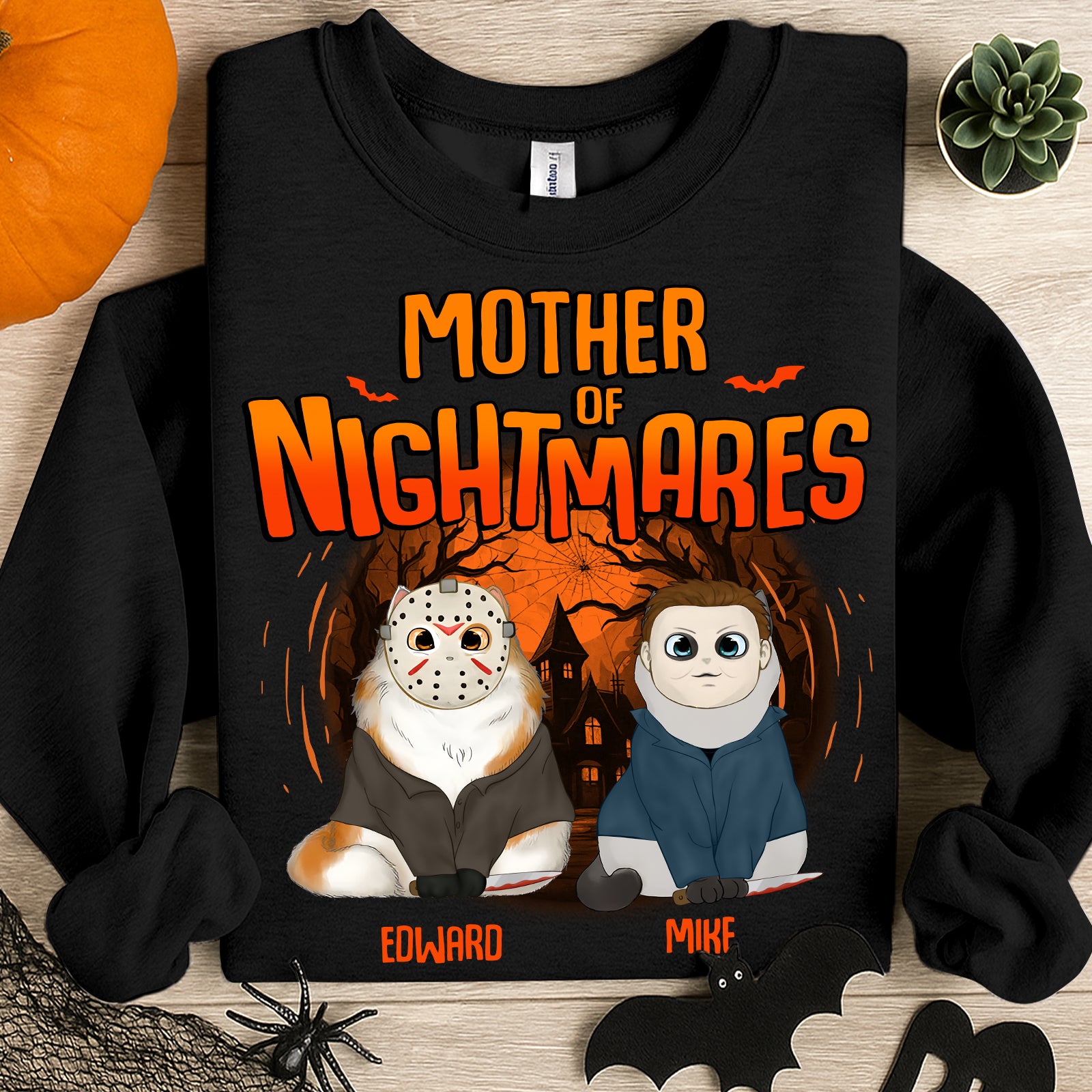 Personalized Halloween cat shirt featuring cartoon characters with spooky background and Halloween theme
