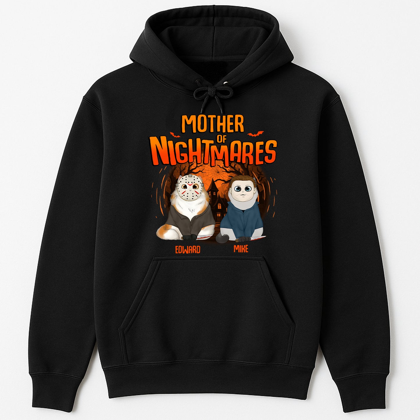Personalized Halloween cat shirt featuring Edward and Mike in spooky designs for festive celebrations