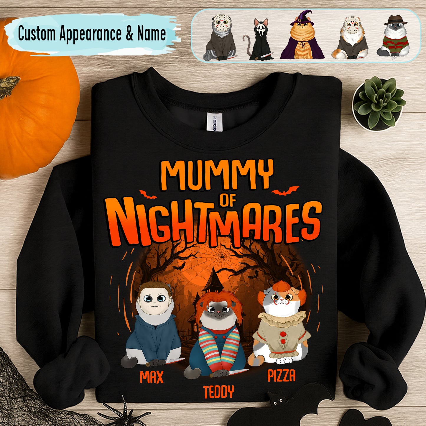 Personalized Halloween cat shirt featuring characters in spooky costumes with the text Mummy of Nightmares